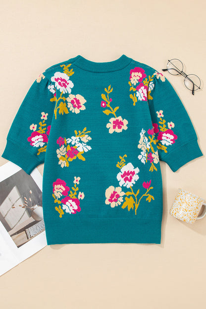 Bloom & Bright Floral Knit Top – Mock Neck Short Sleeve Sweater Tee