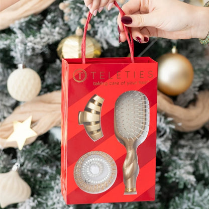 TELETIES Holiday Brush Gift Set | Golden Hair Brush, Claw Clip & Hair Tie Bundle