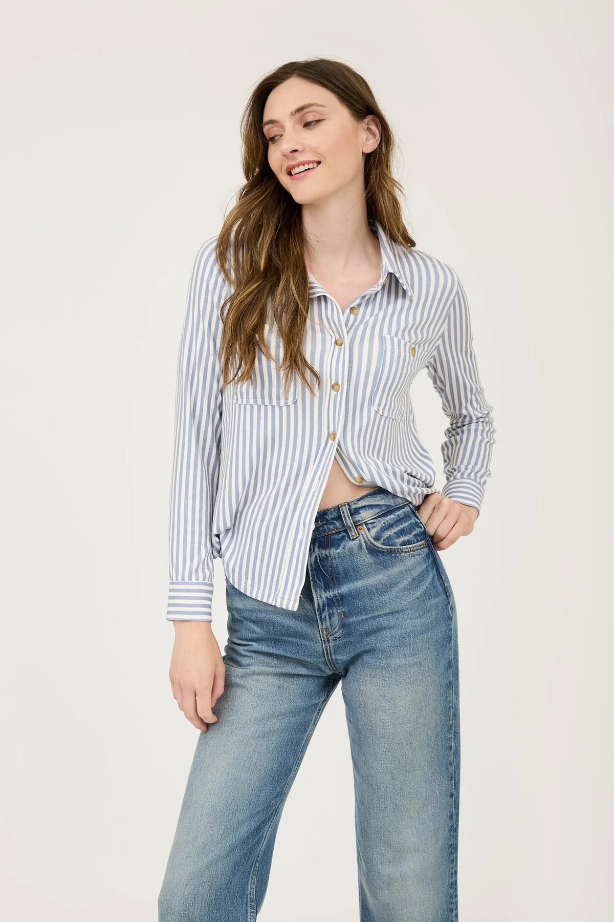 PLUS STRIPE COLLARED LONG SLEEVE BUTTON DOWN SHIRT BLU PEPPER