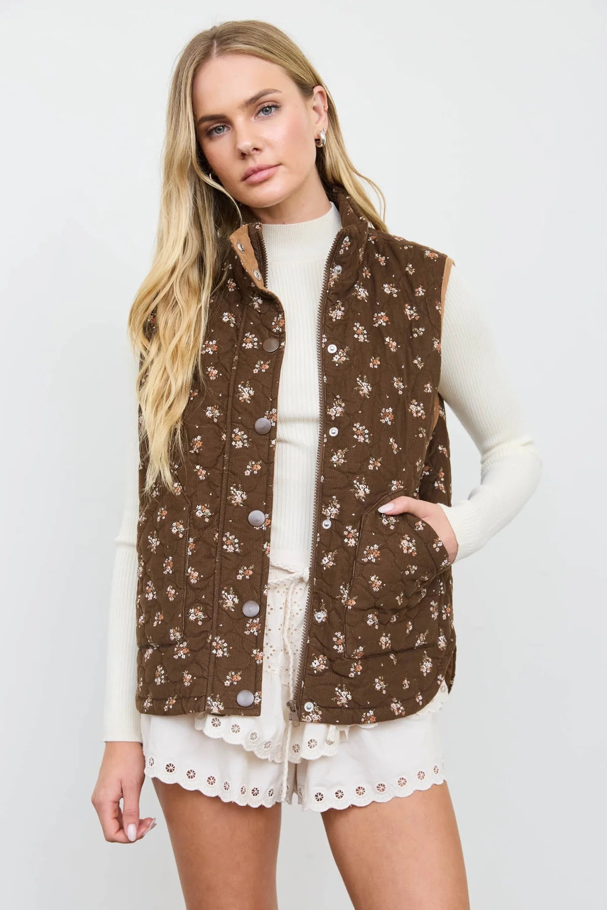 Mocha Meadow Quilted Vest | Floral Zip-Front Layering Vest