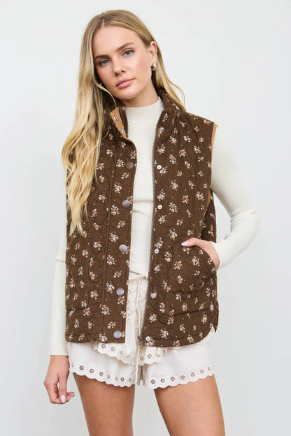 Mocha Meadow Quilted Vest | Floral Zip-Front Layering Vest