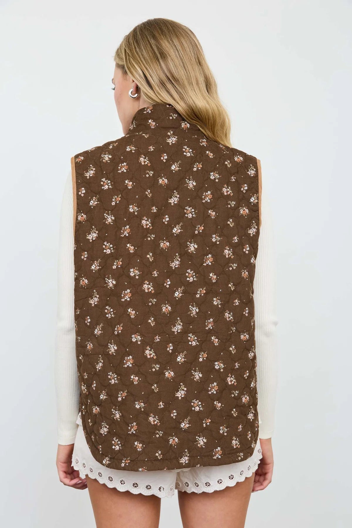 Mocha Meadow Quilted Vest | Floral Zip-Front Layering Vest