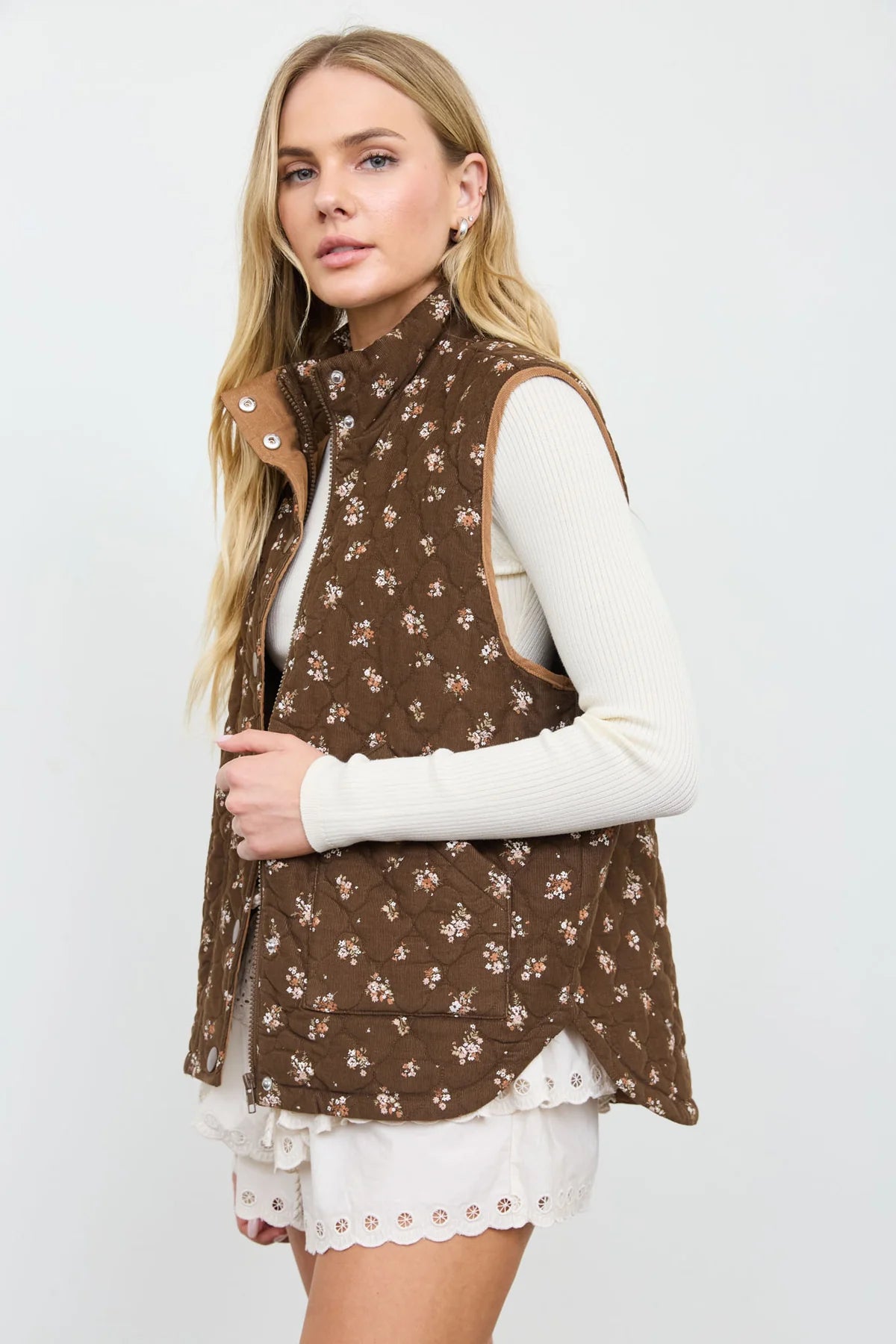 Mocha Meadow Quilted Vest | Floral Zip-Front Layering Vest