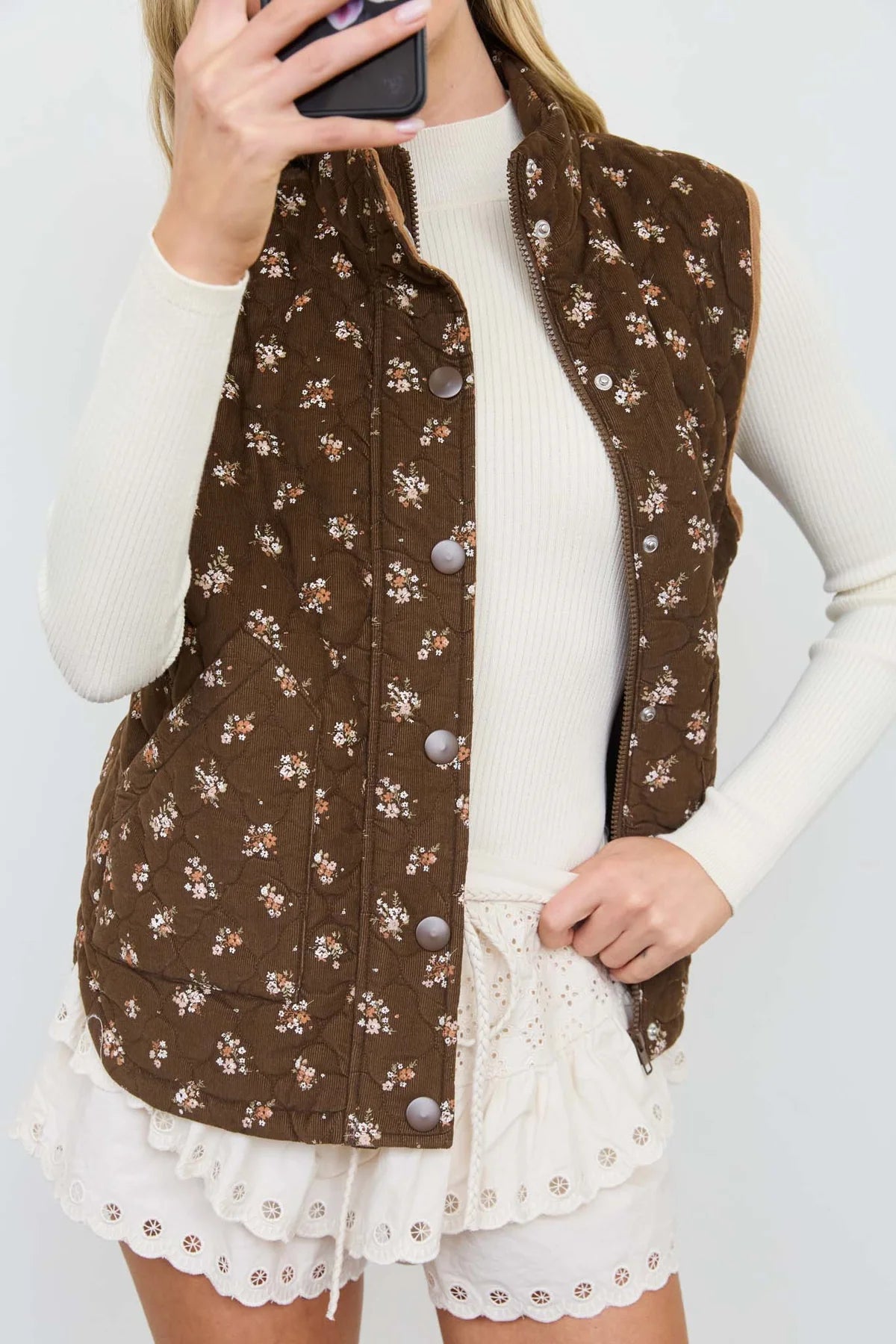 Mocha Meadow Quilted Vest | Floral Zip-Front Layering Vest