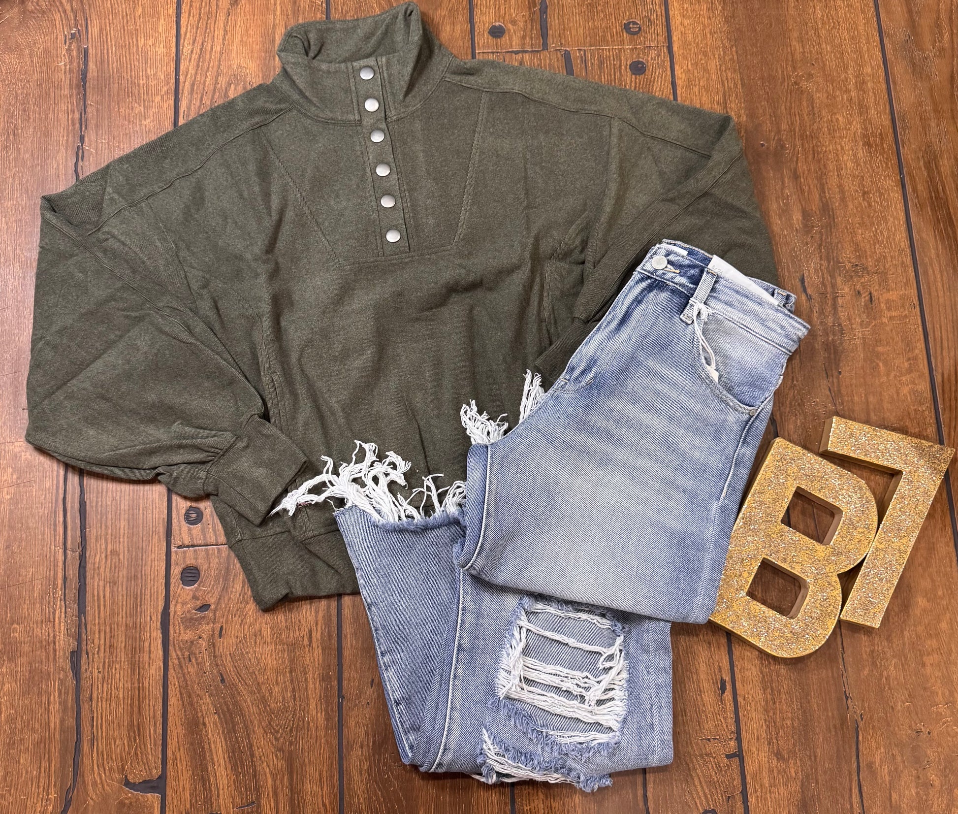 Rae Mode ribbed knit button‑down top styled with denim skirt