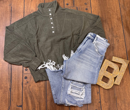 Rae Mode ribbed knit button‑down top styled with denim skirt