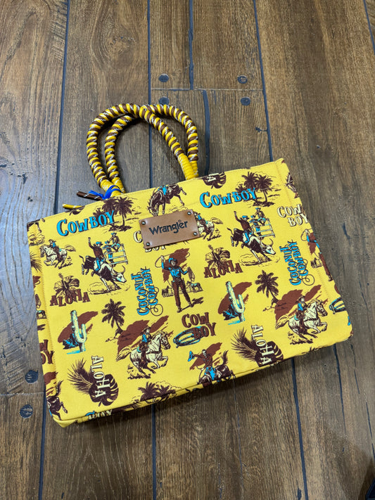 Wrangler Cowboy Dual‑Sided Print Canvas Wide Tote – Western Graphics, Wide Comfort, Beige & Yellow Vibes 🤠