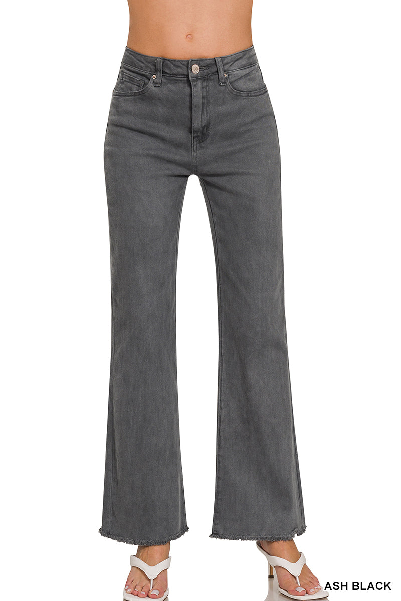 ACID WASHED FRAYED CUTOFF HEM STRAIGHT WIDE PANTS Zenana