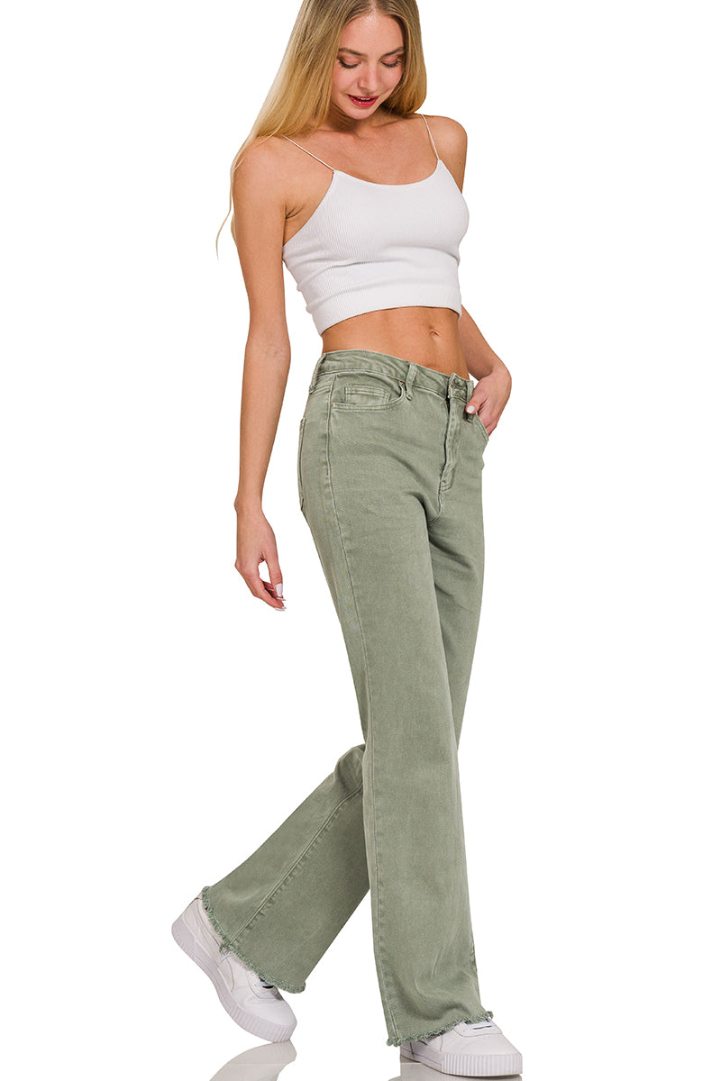 ACID WASHED FRAYED CUTOFF HEM STRAIGHT WIDE PANTS Zenana