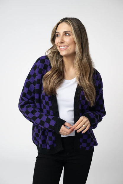 Purple Reign Checkered Cardigan | Black & Purple Open Front Knit Sweater