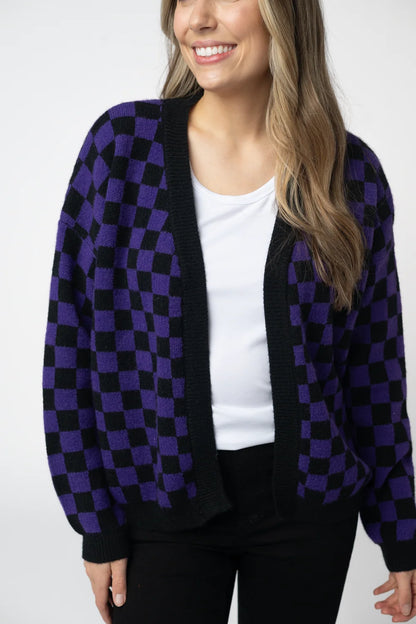 Purple Reign Checkered Cardigan | Black & Purple Open Front Knit Sweater