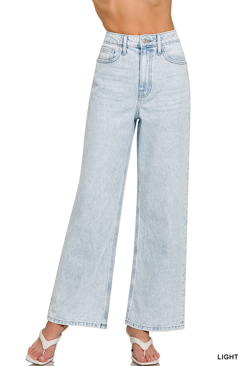 ZENANA HIGH WAIST WIDE LEG STRAIGHT DENIM PANTS Light Blue