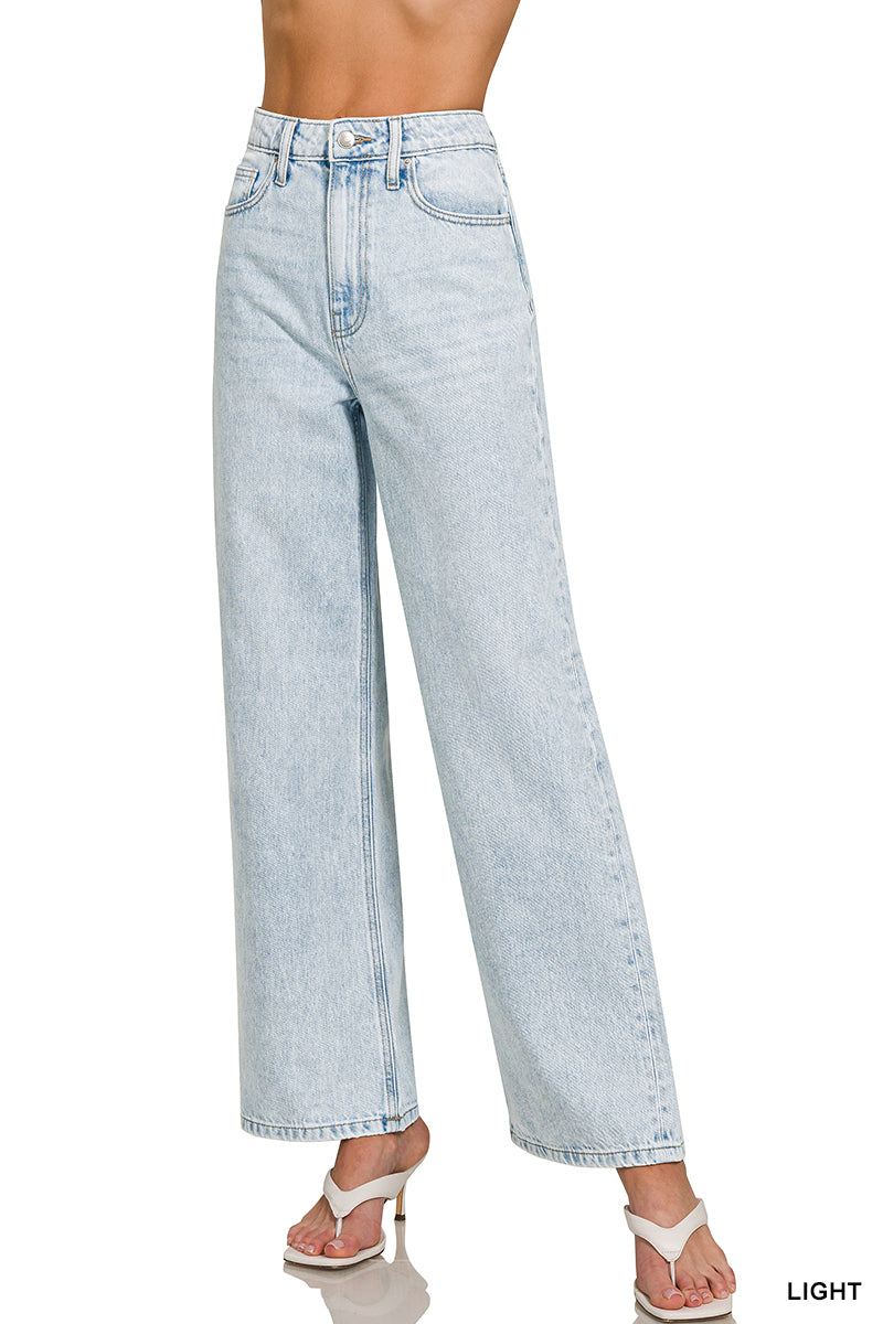 ZENANA HIGH WAIST WIDE LEG STRAIGHT DENIM PANTS Light Blue