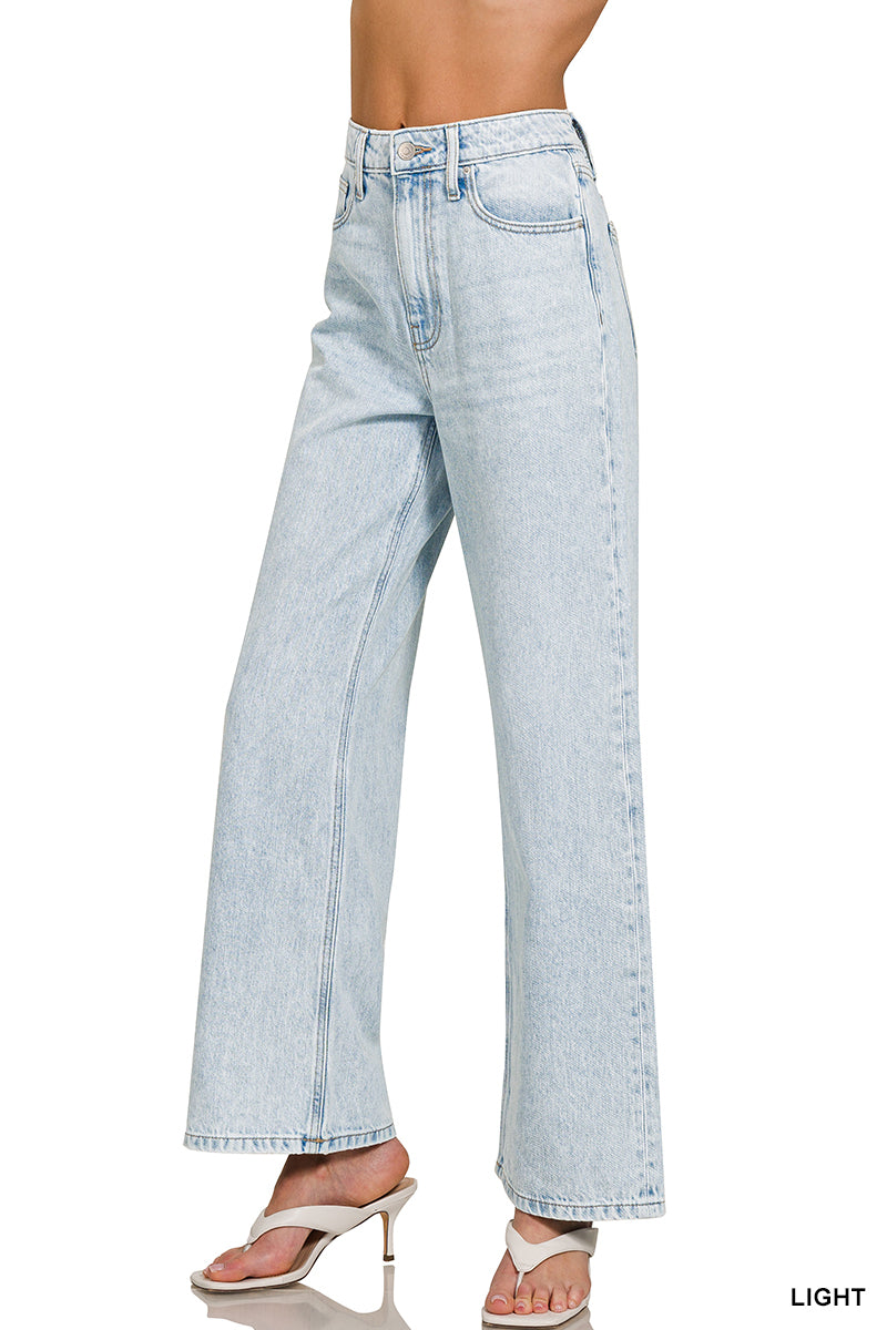 ZENANA HIGH WAIST WIDE LEG STRAIGHT DENIM PANTS Light Blue