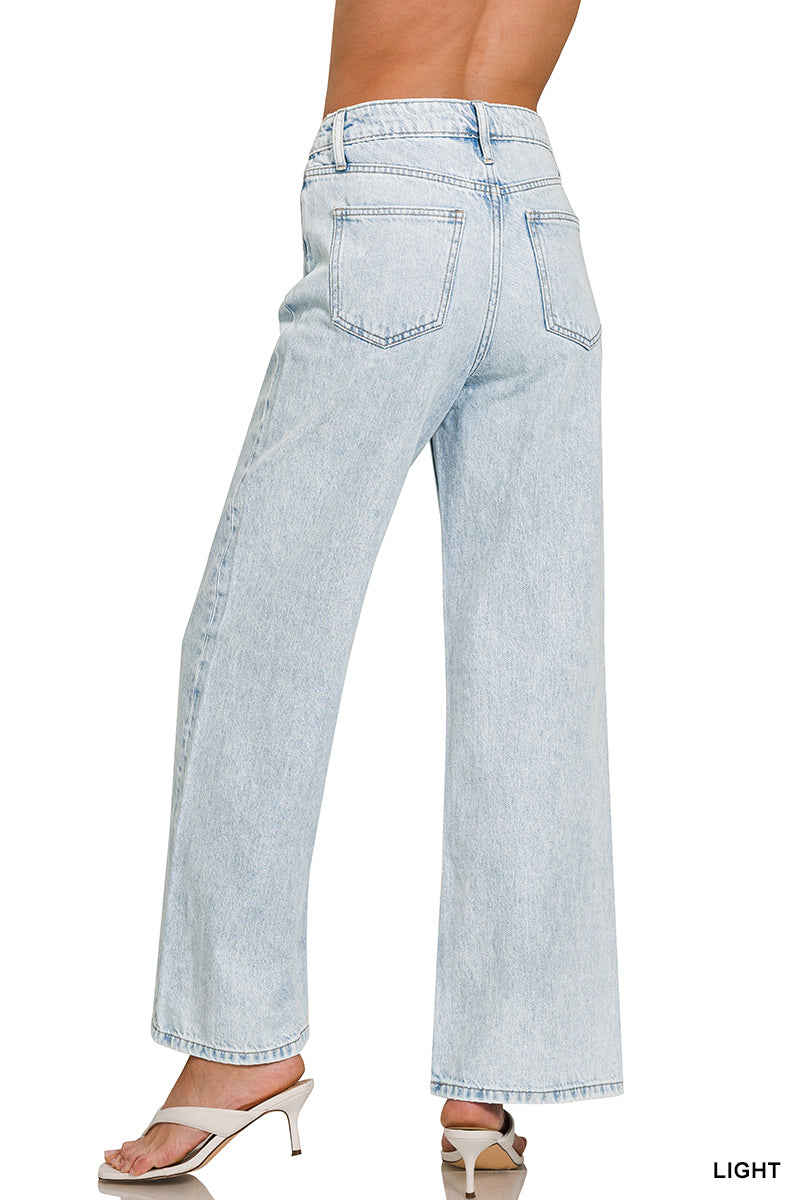 ZENANA HIGH WAIST WIDE LEG STRAIGHT DENIM PANTS Light Blue