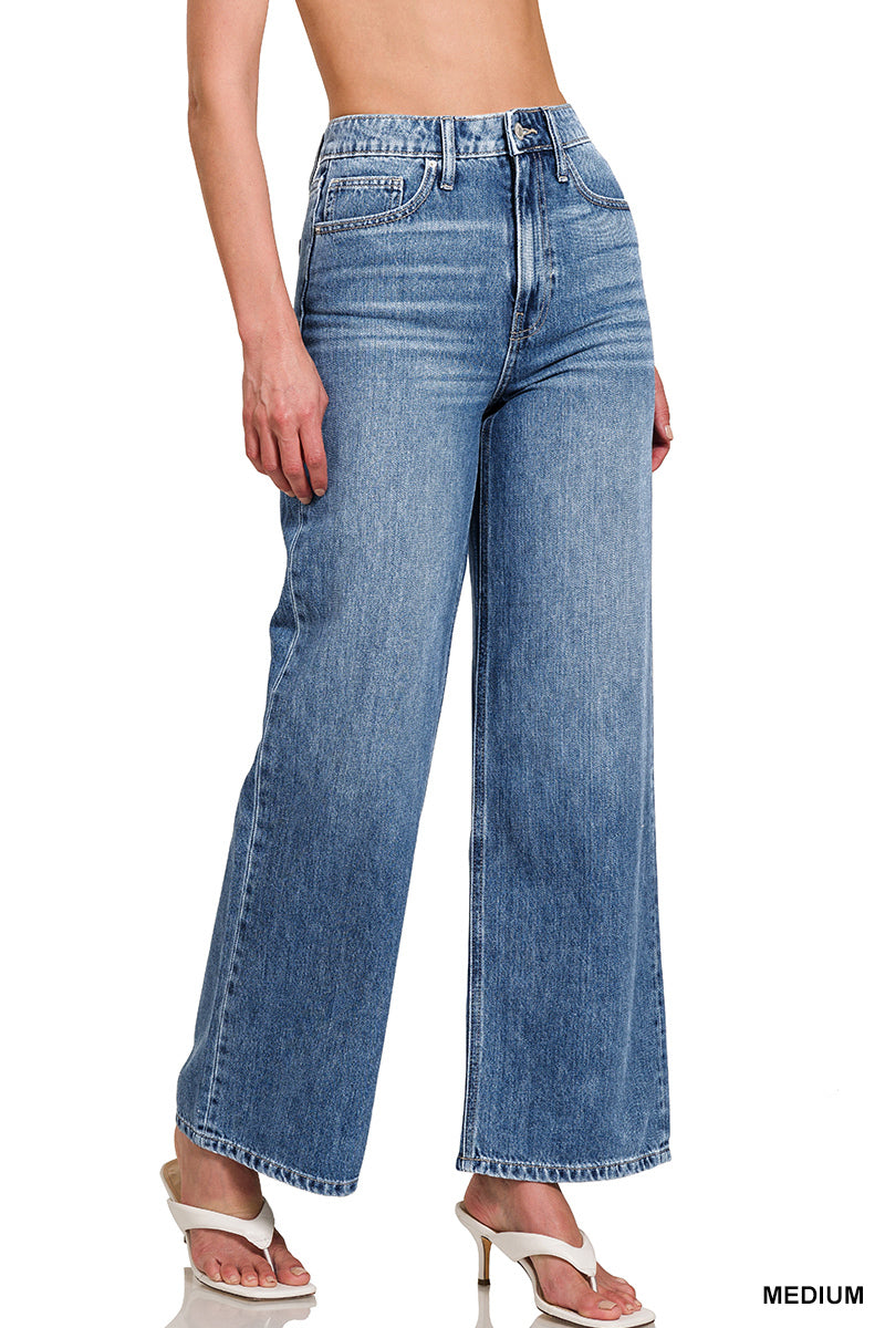 ZENANA HIGH WAIST WIDE LEG STRAIGHT DENIM PANTS Medium Blue