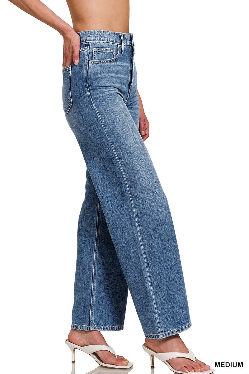 ZENANA HIGH WAIST WIDE LEG STRAIGHT DENIM PANTS Medium Blue