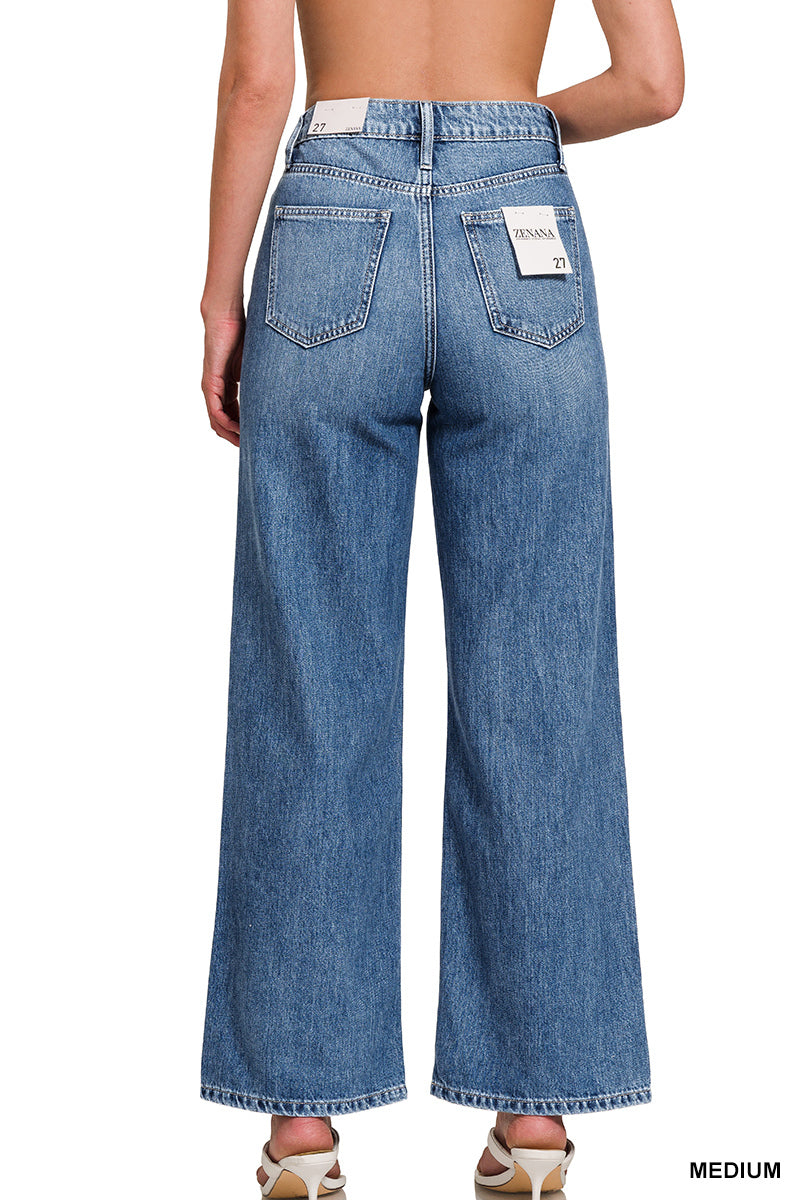 ZENANA HIGH WAIST WIDE LEG STRAIGHT DENIM PANTS Medium Blue