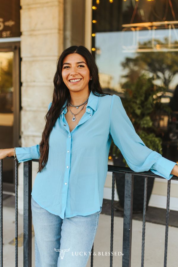 Turquoise Trails Pearl Snap Blouse | Lucky & Blessed Western Chiffon Button Down Shirt
