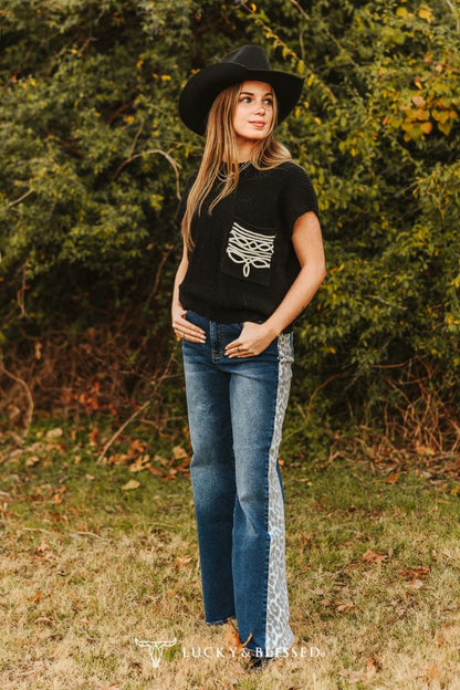 Lucky & Blessed Mid Wash Leopard Side Panel Jeans | High Rise Wide Leg Western Denim