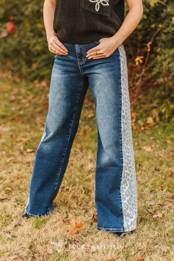 Lucky & Blessed Mid Wash Leopard Side Panel Jeans | High Rise Wide Leg Western Denim