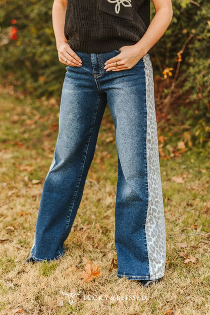 Lucky & Blessed Mid Wash Leopard Side Panel Jeans | High Rise Wide Leg Western Denim