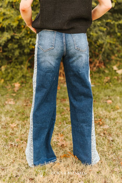 Lucky & Blessed Mid Wash Leopard Side Panel Jeans | High Rise Wide Leg Western Denim