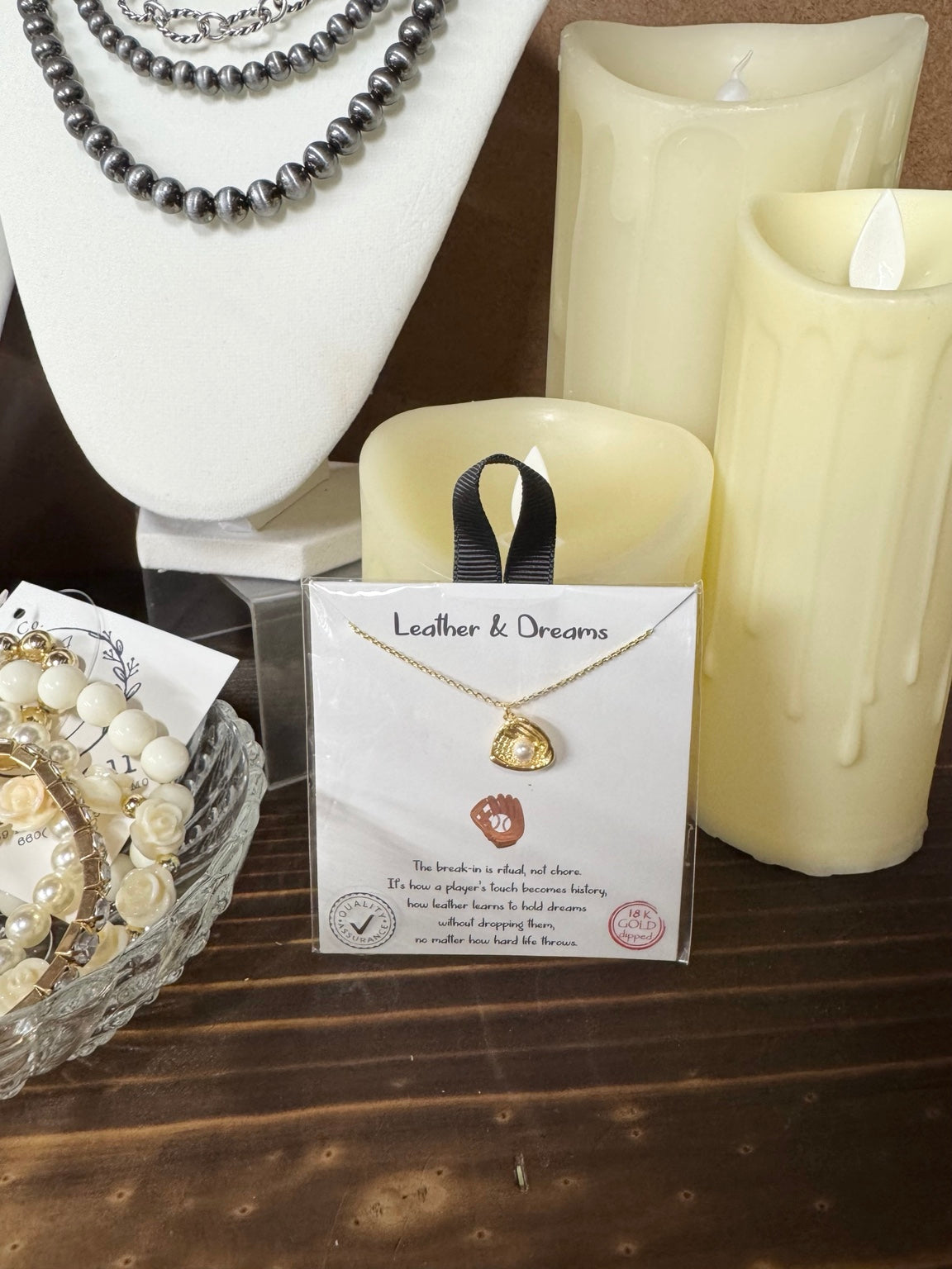 Leather & Dreams Baseball Necklace | Gold Baseball Glove Pearl Pendant Necklace