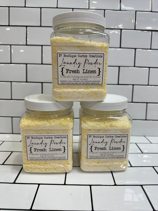 Fresh Linen laundry powder in clear jars by B7 Boutique custom creations - handmade, non-toxic laundry detergent, natural fabric freshener, eco-friendly cleaning product. 