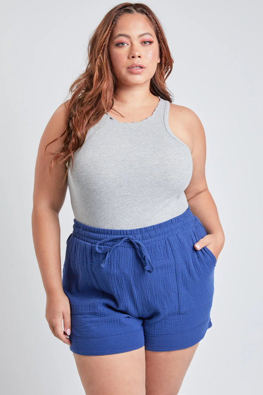 JUNIOR PLUS SIZE DOUBLE GAUZE SHORTS WITH BANDED HEM AND PORKCHOP POCKETS YMI