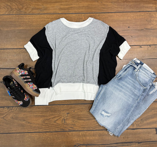 Oversized Contrast Crepe Hacci Top by Charlotte Avery – Slouchy Chic with Textured Detail