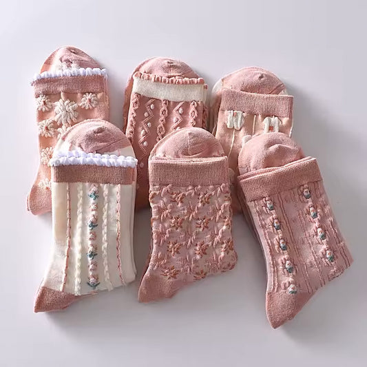 Cute pink socks with floral ruffle edge for girls or women