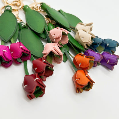 Genuine Leather Tulip Bag Charm – Handmade Floral Keychain Purse Accessory for Women