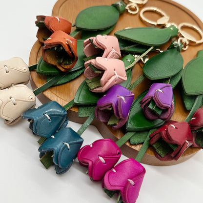 Genuine Leather Tulip Bag Charm – Handmade Floral Keychain Purse Accessory for Women