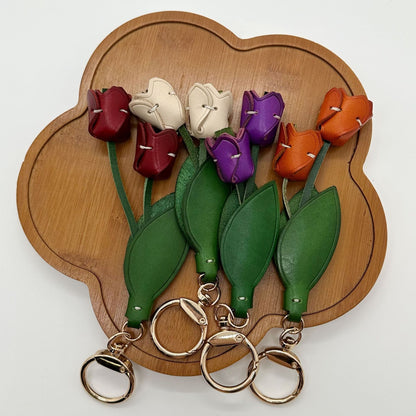 Genuine Leather Tulip Bag Charm – Handmade Floral Keychain Purse Accessory for Women