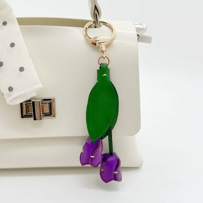 Genuine Leather Tulip Bag Charm – Handmade Floral Keychain Purse Accessory for Women
