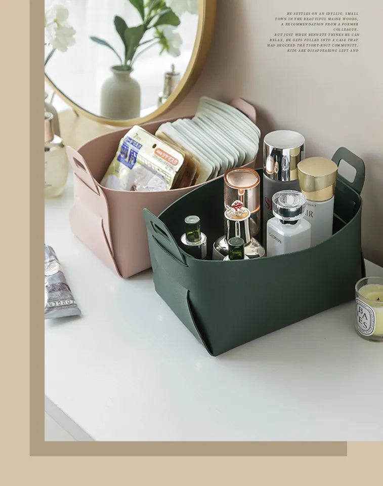 Leather Desktop Storage Organizer Cosmetics Storage Box Foldable Storage Basket With Handle