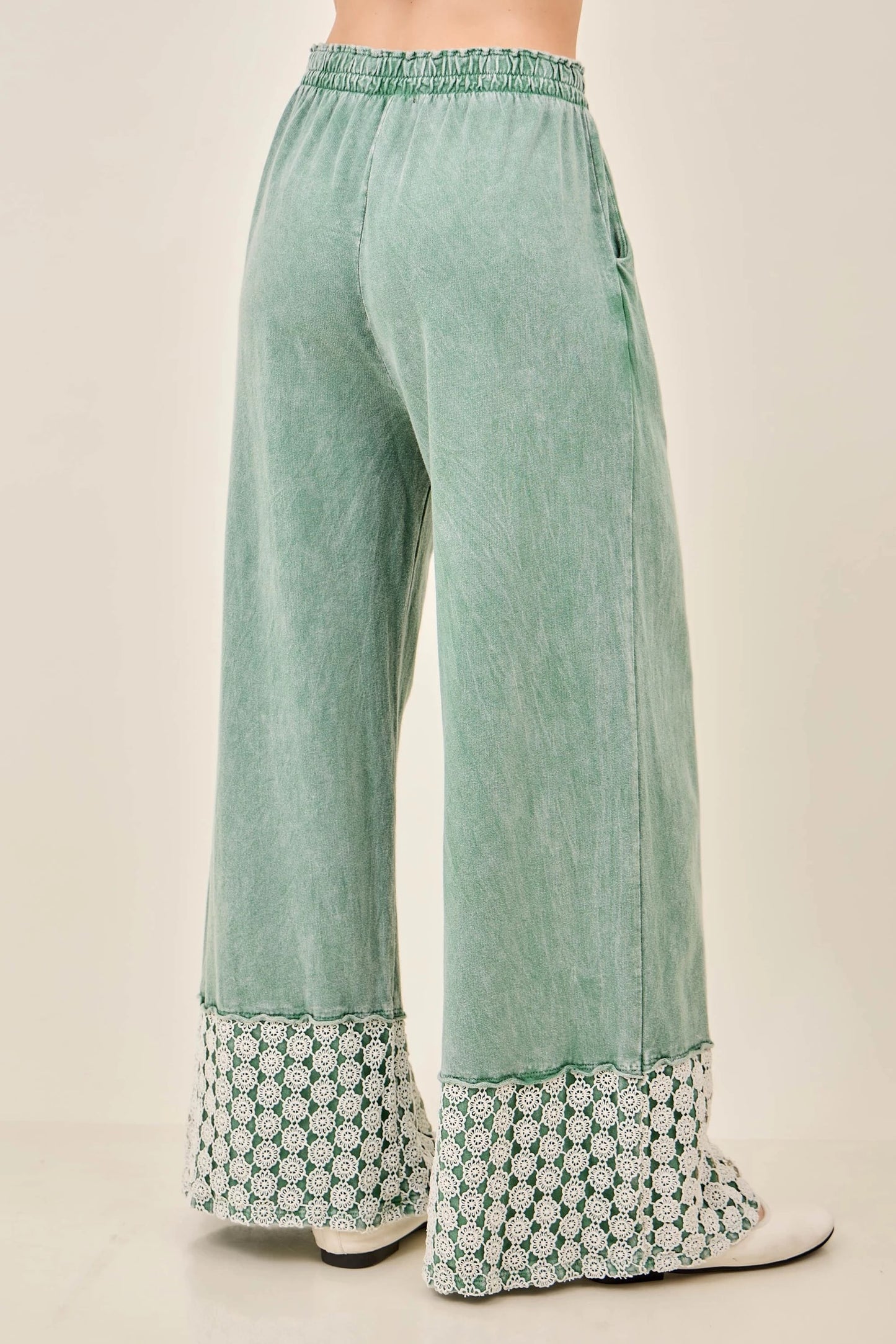 Mineral Washed Flower Daisy Trim Long Leg Pants J.Her | Sage Wide Leg Boutique Pants