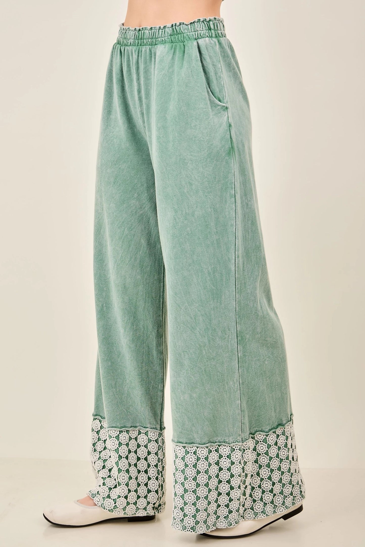 Mineral Washed Flower Daisy Trim Long Leg Pants J.Her | Sage Wide Leg Boutique Pants