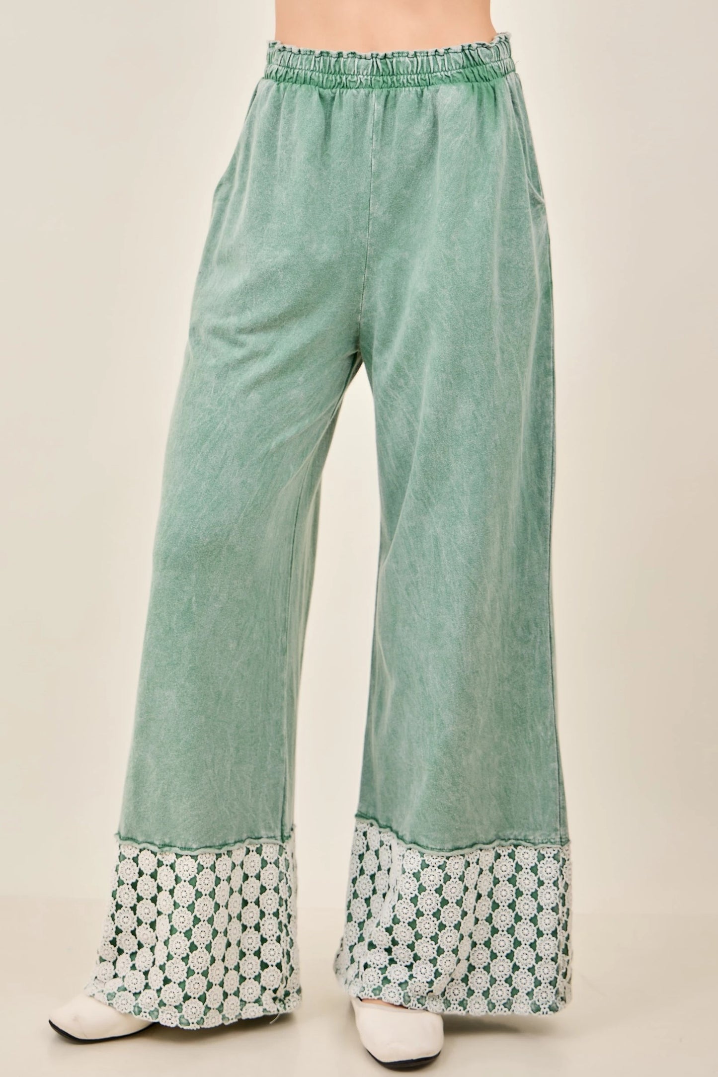 Mineral Washed Flower Daisy Trim Long Leg Pants J.Her | Sage Wide Leg Boutique Pants