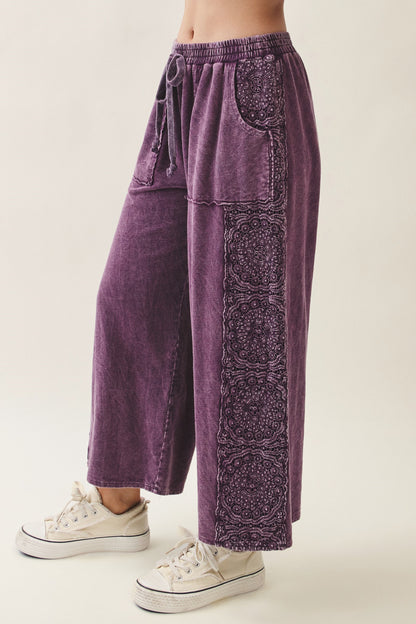 Mineral Washed Boho Trim Wide Leg Pants | Eggplant Boutique Pants