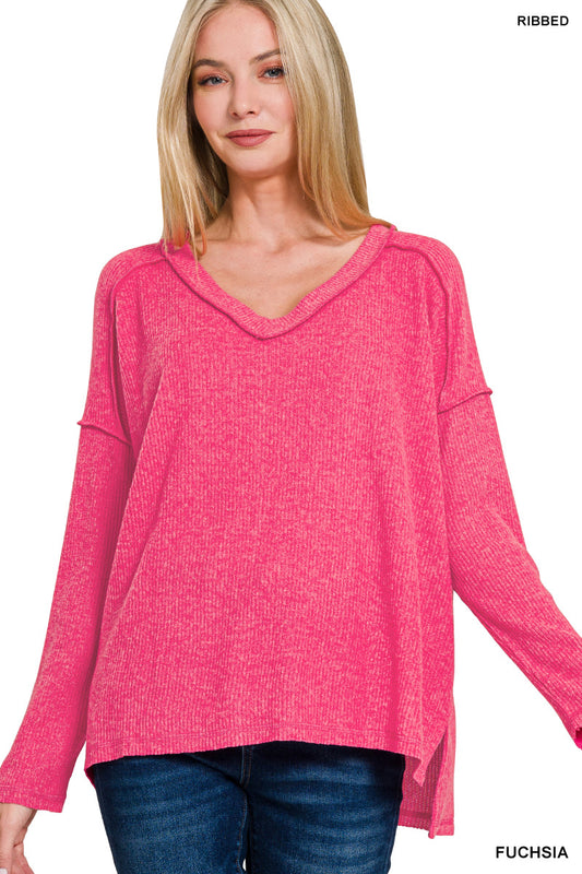 Zenana Brushed Ribbed Hacci V-Neck Sweater | Drop Shoulder Hi-Low Pullover