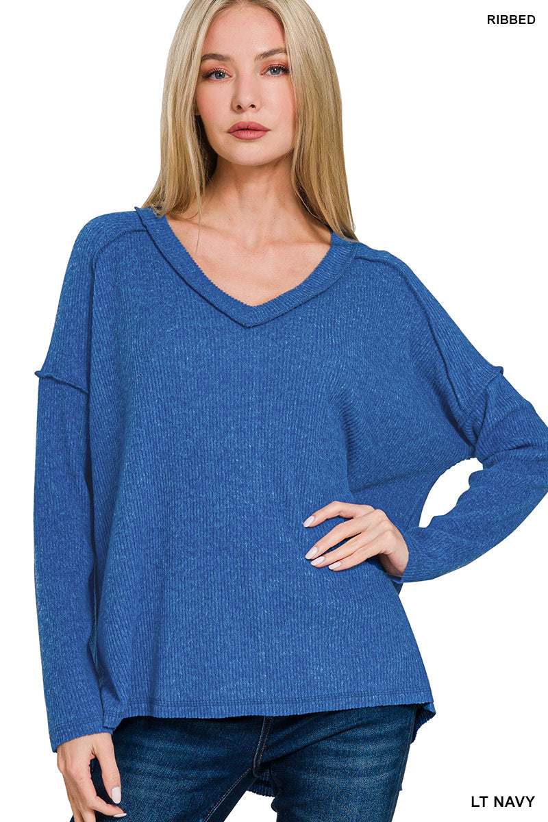 Zenana Brushed Ribbed Hacci V-Neck Sweater | Drop Shoulder Hi-Low Pullover