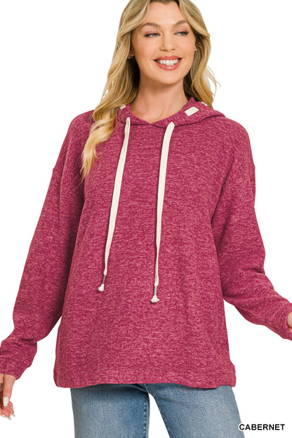 Soft Brushed Hacci Hoodie | Drawstring Hood Pullover in Navy & Cabernet