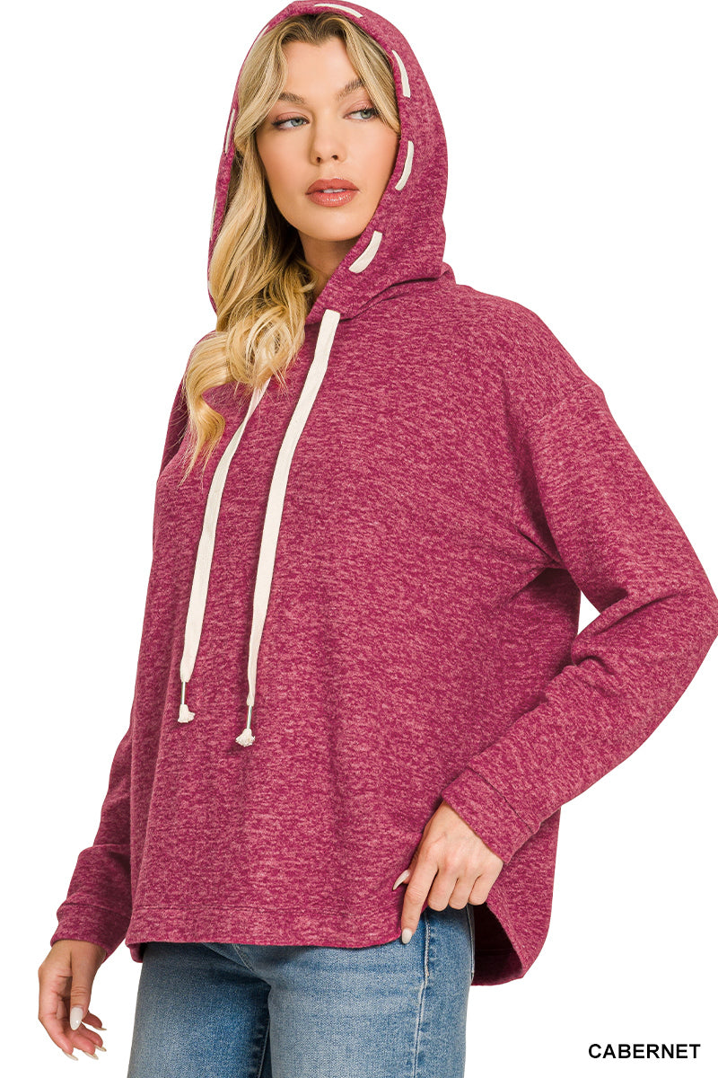 Soft Brushed Hacci Hoodie | Drawstring Hood Pullover in Navy & Cabernet