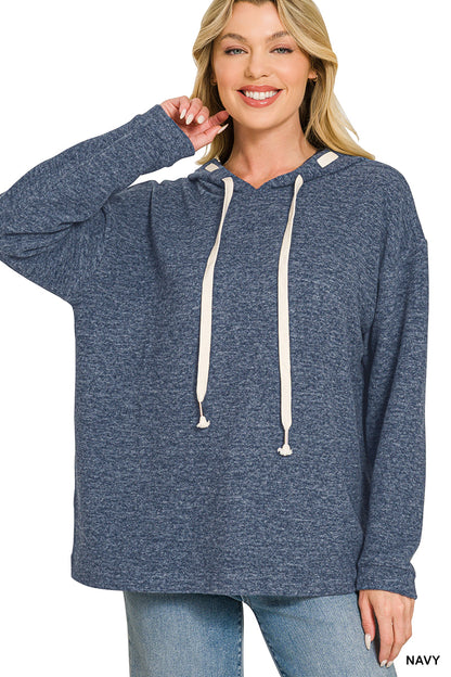 Soft Brushed Hacci Hoodie | Drawstring Hood Pullover in Navy & Cabernet
