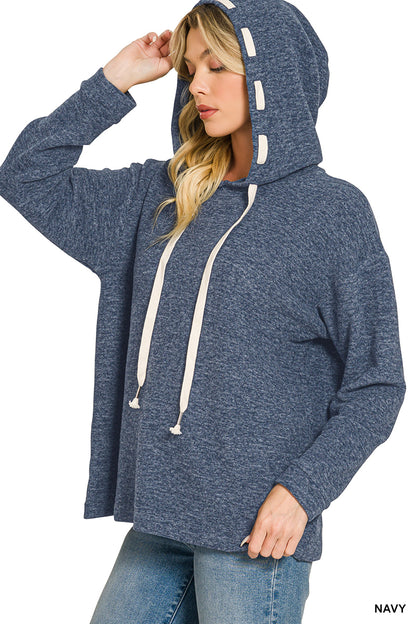 Soft Brushed Hacci Hoodie | Drawstring Hood Pullover in Navy & Cabernet