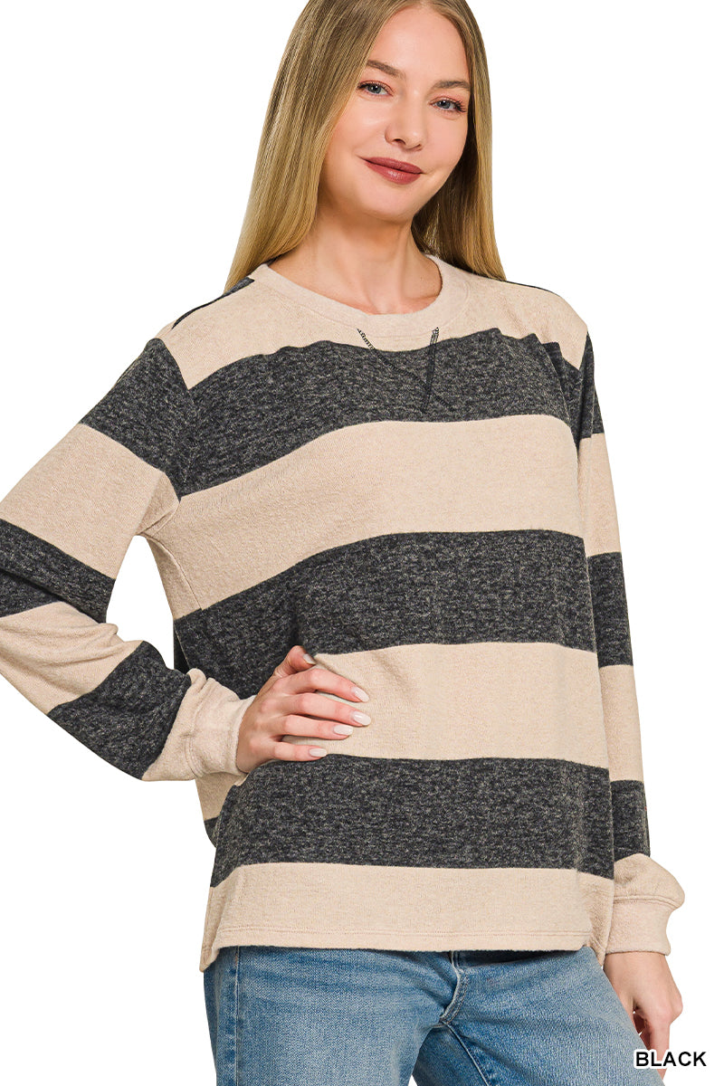 Brushed Striped Hacci Sweater | Soft Black & Oatmeal Stripe Pullover