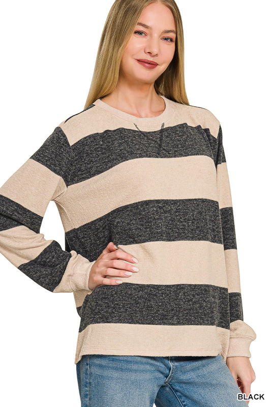 Brushed Striped Hacci Sweater | Soft Black & Oatmeal Stripe Pullover