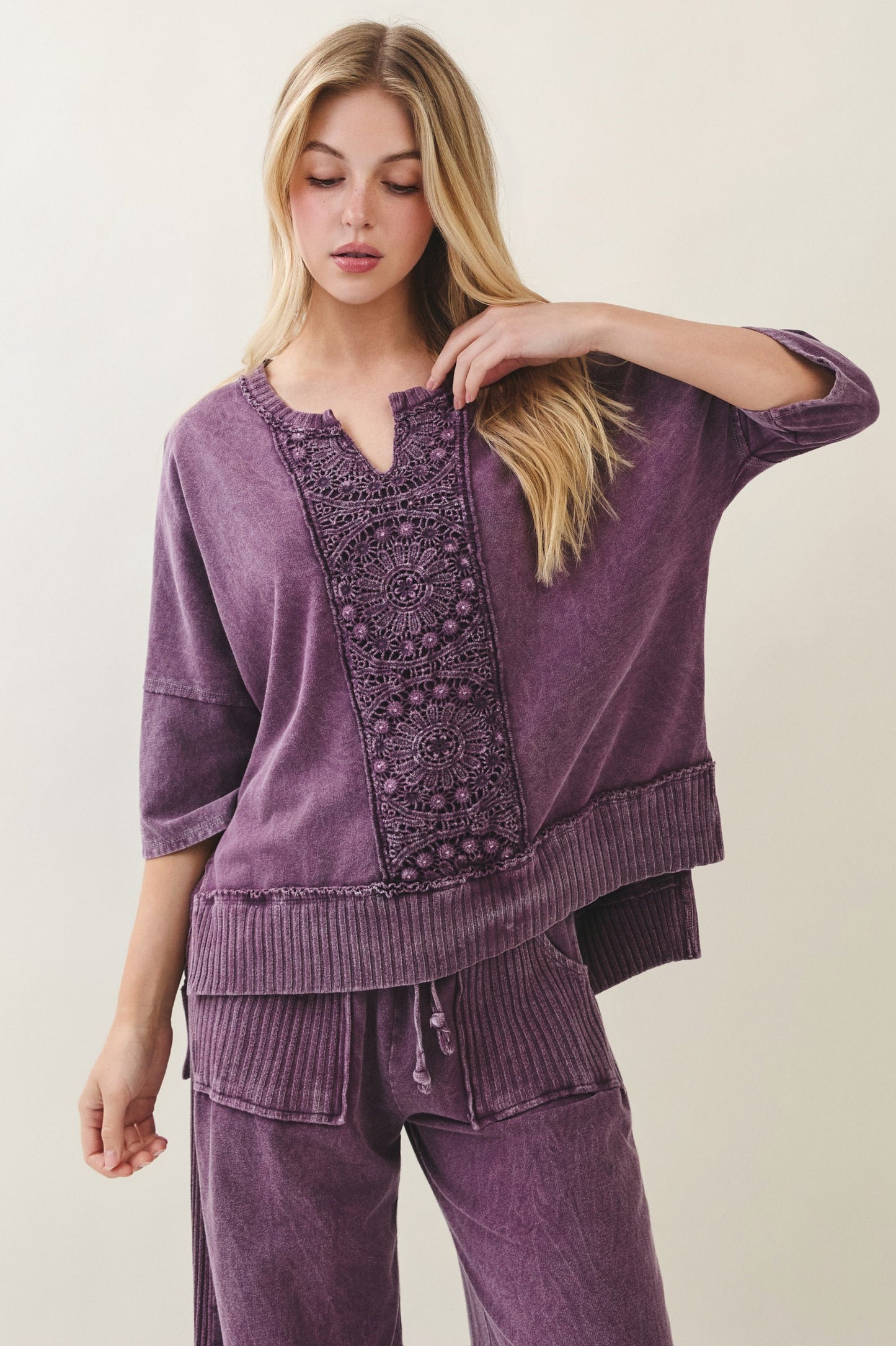Mineral Washed Boho Trim V-Neck Top | Eggplant Boutique Pullover